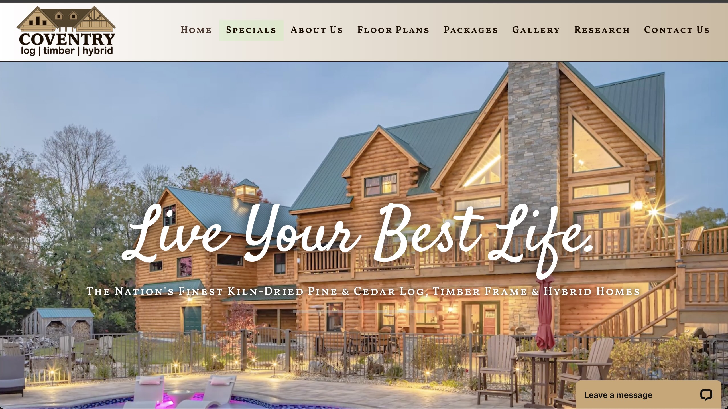 Coventry Log Homes website screenshot
